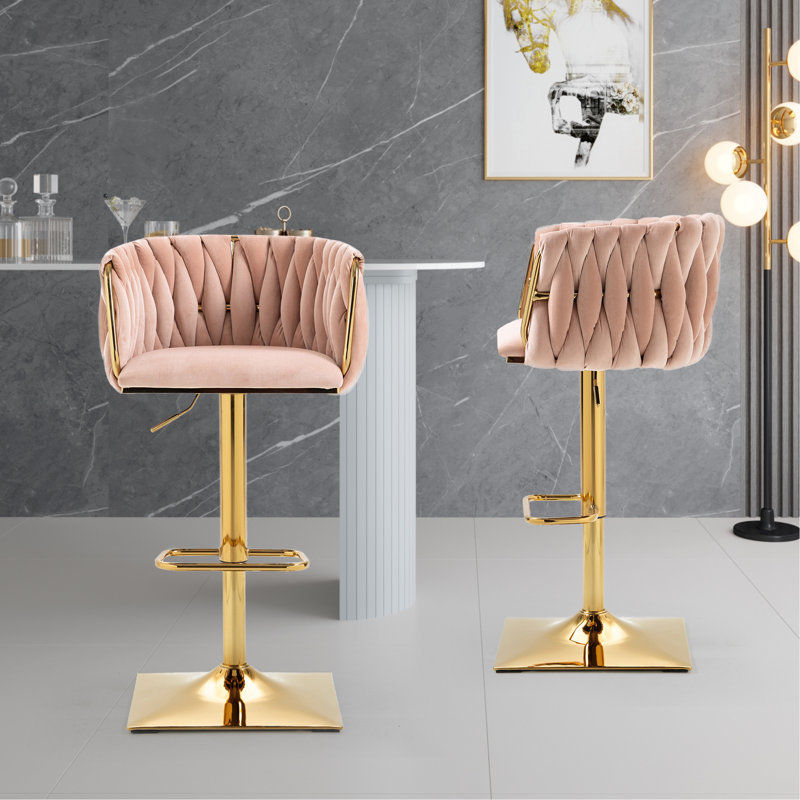Tabourets de bar avec dossier et repose-pieds Hemington, Velours bleu marine, Doré