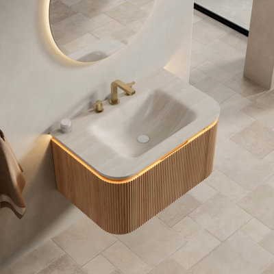 Meuble-lavabo de salle de bain et meuble-lavabo rayé à bords arrondis avec tiroir, lumière à capteur, lavabo intégré en pierre frittée à motif de travertin, pré-assemblé