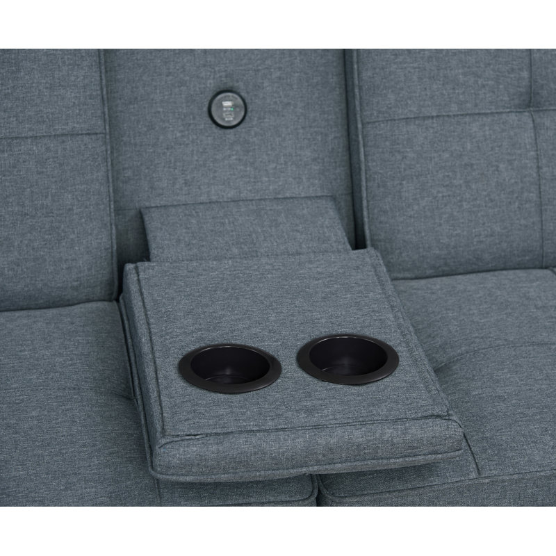 SoftHaus 65" Modern Gray Convertible Futon Sofa Bed with Fold-Down Console, USB Charging Ports and Cupholders
