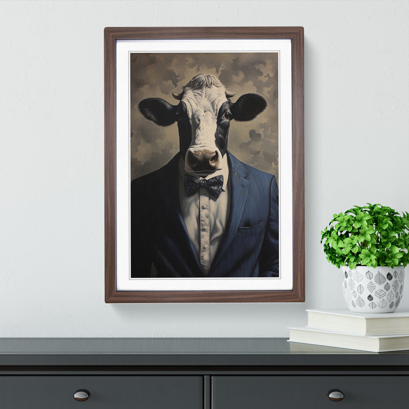 Cow In A Suit Painting No.4 - Single Picture Frame Print on Wood, 64cm H x 46cm W x 2cm D, Walnut Framed