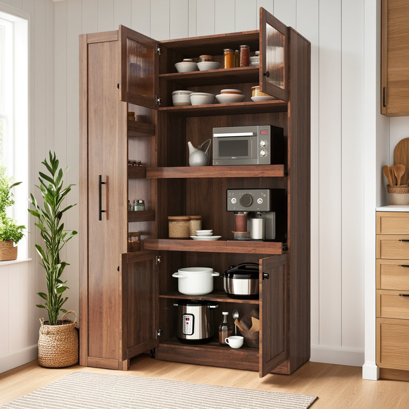 Garde-manger coulissant multi-niveaux avec 4 portes, organisateur de cuisine extensible pour salle à manger, bureau, Brun