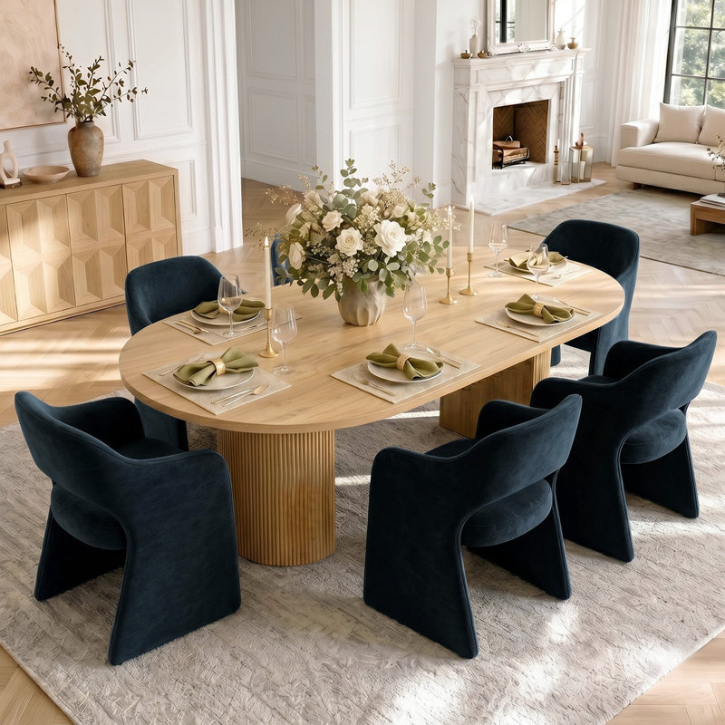 Ensemble de table de salle à manger 6 personnes Woodcroft avec table ovale et 6 fauteuils rembourrés en chenille, Blue