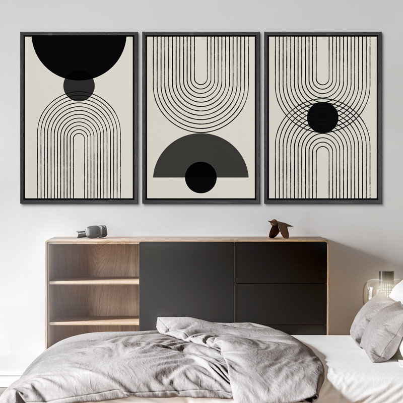 Mid-Century Modern Black And White Minimalist Abstract Home Decor Framed Wall Art Work Canvas Print, 24" H x 16" W, Black