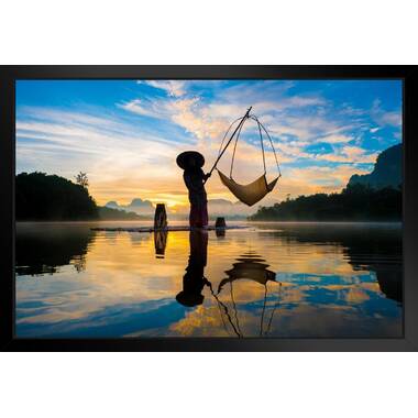 Fisherman On Raft with Fishing Nets in Asia Sky Reflecting On Lake Photo Black Wood Framed Art Poster 20x14 Rosecliff Heights