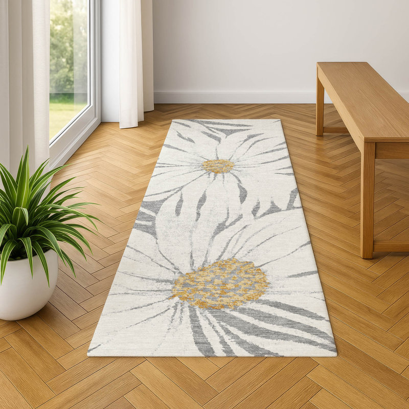 Tapis floral lavable à la machine de qualité supérieure Mayfield AMF2263, Gris, Tapis de couloir 2 pi 3 po x 7 pi 6 po