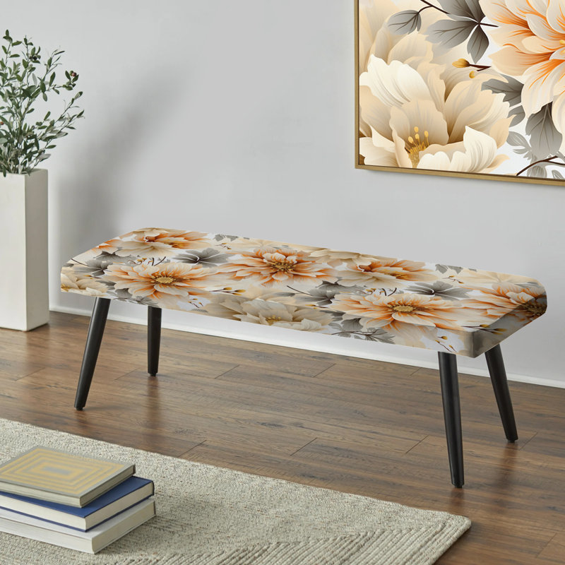 Ethereal Serenity Peonies Boho Pattern I - Floral Upholstered Black Bench