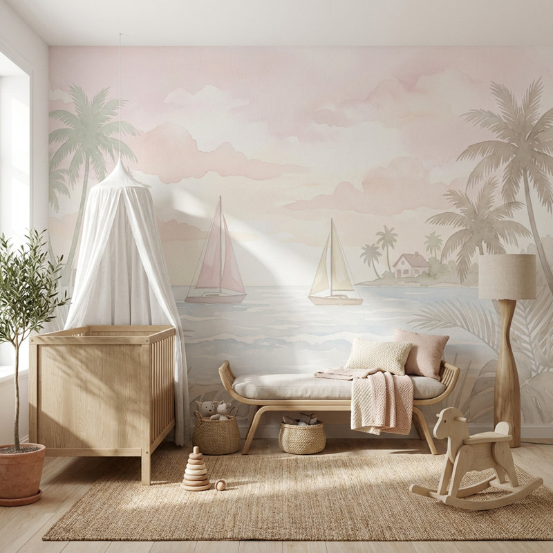 Papier peint paysage panoramique paysage côtier tropical pastel marin, 100 po x 96 po, Texturé non collé