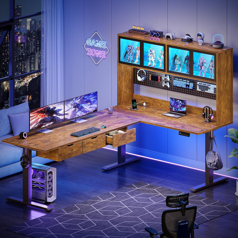 68.9" Standing L Shaped Gaming Desk, Office Computer Desk With Storage Hutch And Drawers, Brown/Black
