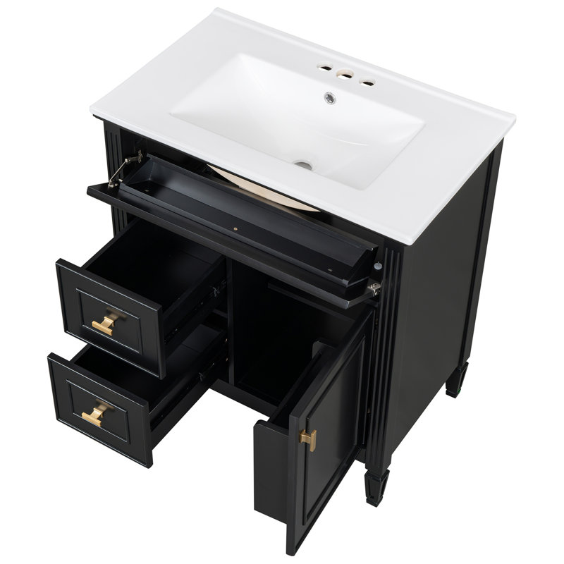 Meuble-lavabo de 30 po avec lavabo, meuble-lavabo avec un tiroir rabattable et deux tiroirs, tablette réglable, bois massif et panneau de fibres à densité moyenne, noir