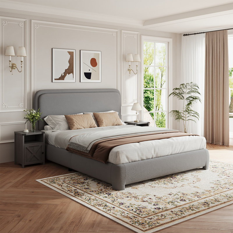 Ensemble de lit plateforme tapissier 3 pièces Bensu Boucle, Gris, Grand