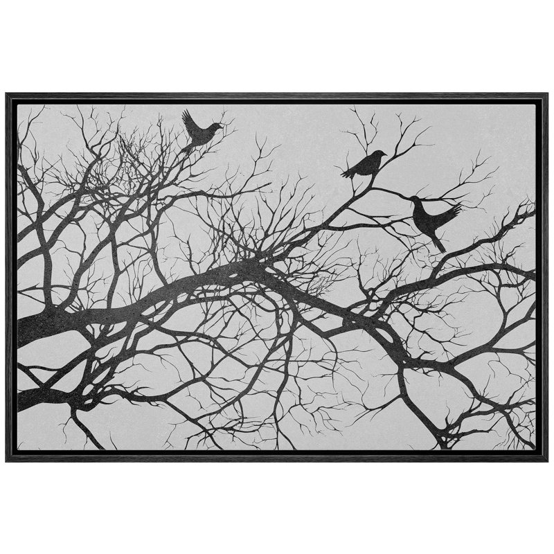 Abstrait arbre délavé, illustrations d'oiseaux noirs sur une branche d'arbre, images murales rustiques modernes neutres, impression numérique sur toile giclée sur toile