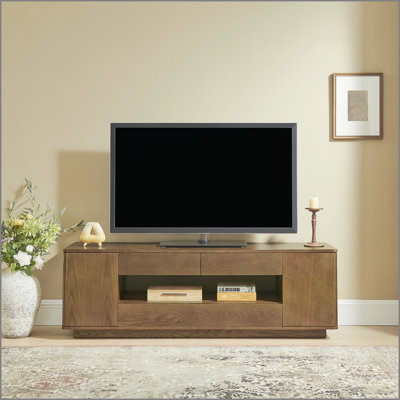 59" Mid Century Modern TV Stand for TVs up to 65", Walnut Entertainment Center with Open Storage & Side Cabinets & Drawers, Vintage TV stand with Curved Design, Perfect for Living Room, Office