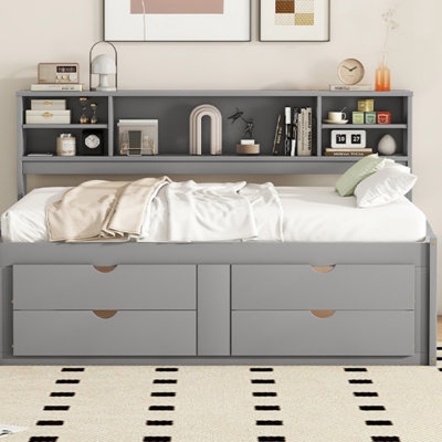 Full Size Wood Daybed With 2 Bedside Cabinets, Upper Shelves And 4 Drawers (Daybed) by Lark Manor