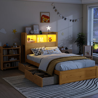 Twin Size Bed With Drawers And Storage Headboard, Wood Led , Multiple Hidden Spaces Pull Out Storage, Reliable Structure For Bedroom
