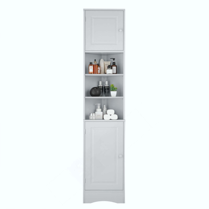 Armoire de rangement triangulaire haute pour coin salle de bain - Panneau de fibres à densité moyenne de qualité P2, 2 portes, tablettes réglables et tablette ouverte, surface imperméable