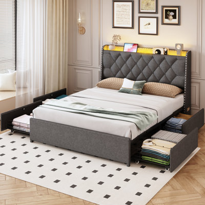 Upholstered Bed Frame With 4 Drawers & Tufted Storage Headboard, Storage Platform Bed With LED Lights And Charging Station, Noise‑Free, No Box Spring Needed