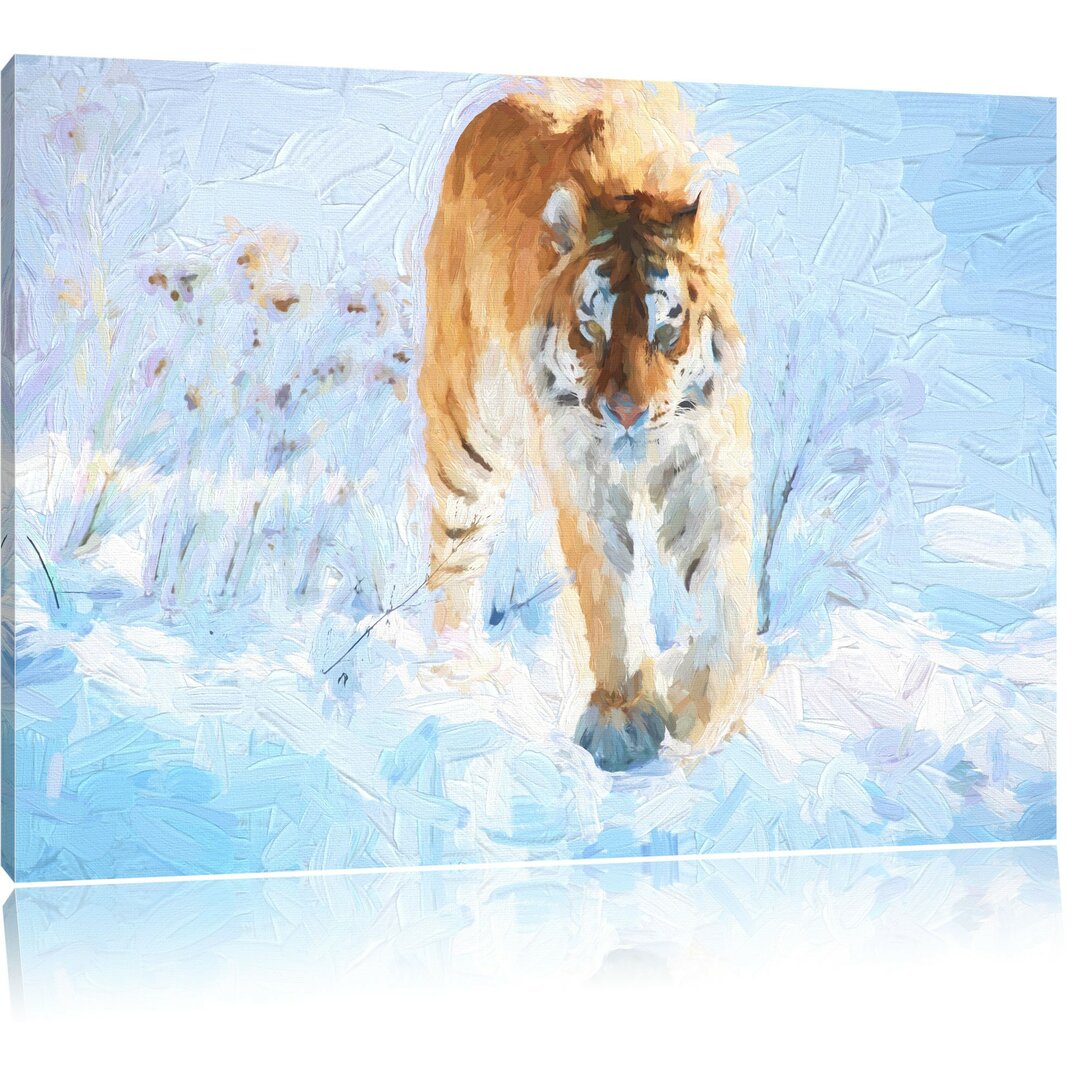 Leinwandbild Tiger im Schnee in Blau/Beige