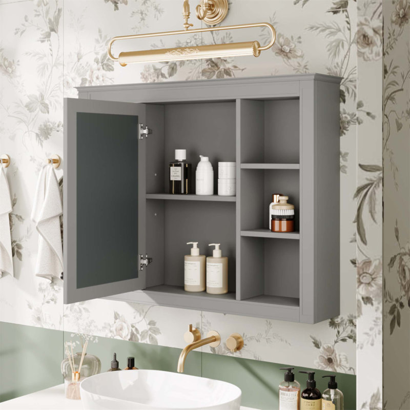 Armoire de rangement de salle de bain murale 35 po x 27,5 po avec miroir, 6 tablettes ouvertes, fabrication en panneau de fibres à densité moyenne moderne et durable