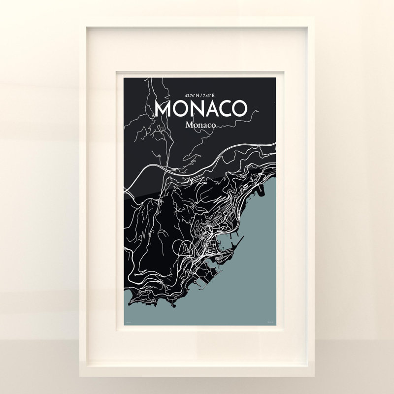 Monaco City Map, impression, Gris / noir, H 36 po x l 24 po