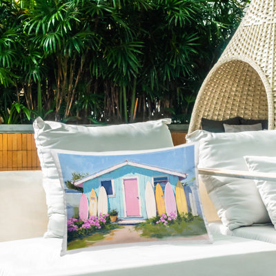 Cabin with Pastel Surfboards Design by Arlington Prints Outdoor Printed Pillow