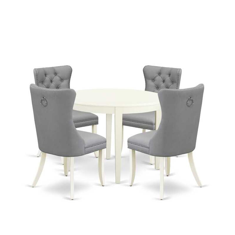 5-Piece Linen White Solid Wood Top - Round Upholstered Dining Room Set - (Seats-4), Light Gray