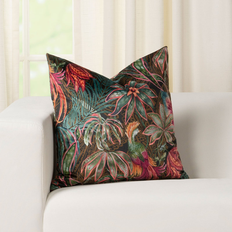 Floral Print Velvet Throw Pillow, Square 17", Les Plumes, Feather