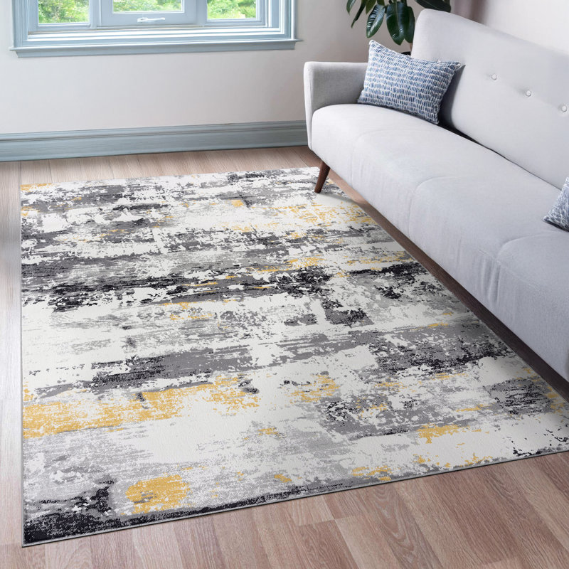 Moises Abstract Yellow Gray Black Area Rug, Rectangle 5' x 8'