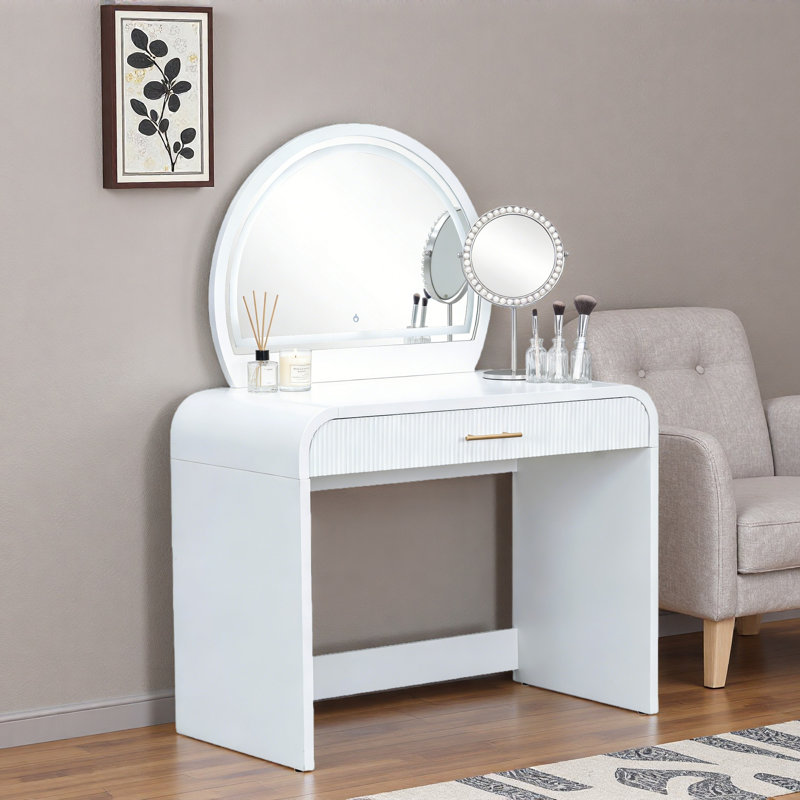 Makeup Vanity Table With Touch Screen Lighted Mirror, Dressing Table With A Drawer And Curved Edges