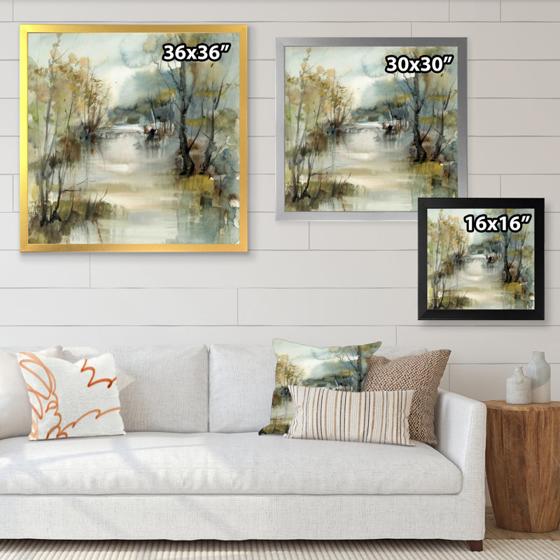 Winter River Landscape Illustration - Paysages, art mural, Impression encadrée, H 36 po x l 36 po, Noir