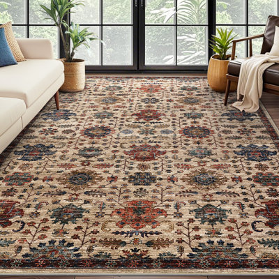 Washable Area Rug, Vintage Floral Low Pile Non-Slip Boho Indoor Carpet, Foldable Faux Wool Faded Medallion, Beige, 6'x9'