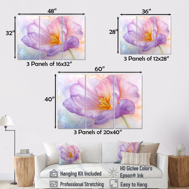 Fleur d'été de tulipe mauve I - ensemble d'art mural tulipe, H 28 po x l 36 po, Toile tendue, Ne s’applique pas