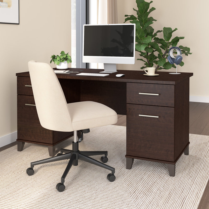 Kaionna 60” Office Desk with Drawers, Computer Office Desk with Storage, Modern Wood, Mocha Cherry, Mocha Cherry