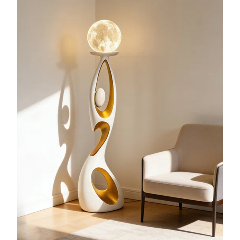Lampe sur pied en résine de luxe moderne avec lumière abstraite, sculpture en forme de globe lunaire pour éclairage d'angle de salon