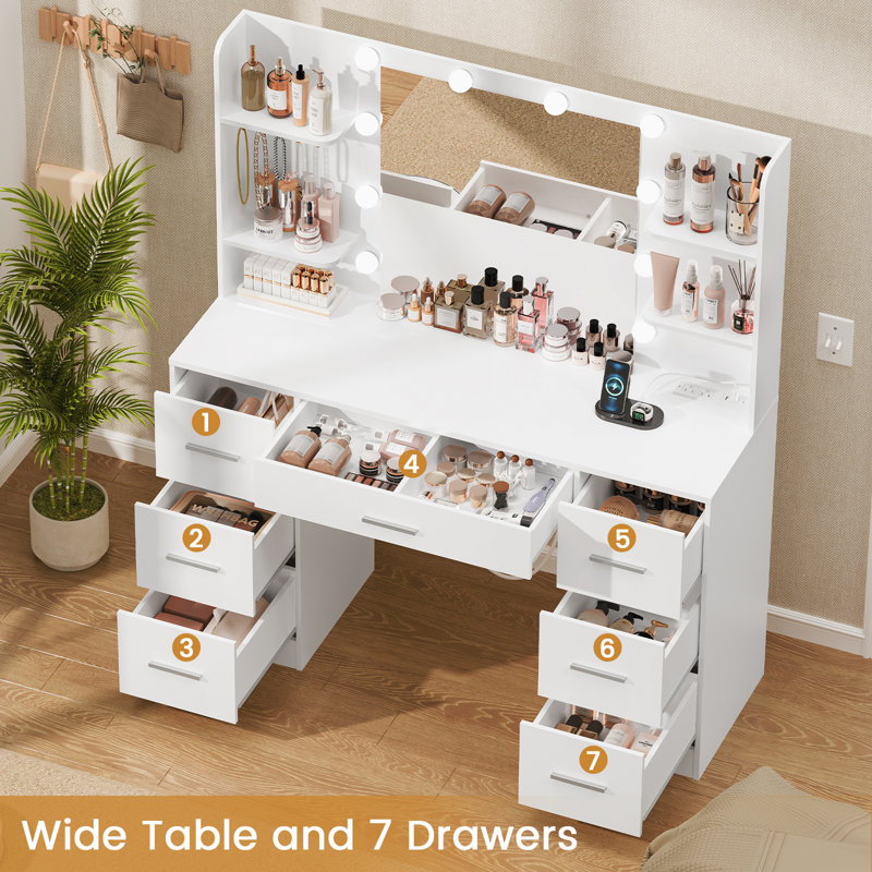 Camyla Makeup Vanity Table with LED Lighted Mirror, Power Outlet, Drawers,Shelves,5 Jewelry Hooks, White, 7