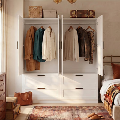 4-Door 4-Drawer Wardrobe | Geometric Slat Doors, Black Handles & White Finish
