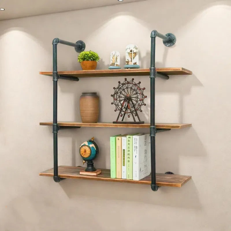 Industrial Pipe Shelves Wall Shelving Rustic Wood Shelf Storage Shelves 3 Tiers Wall Mount Pipe Design DIY Shelf Retro Wall Shelving (Black, 36" L)