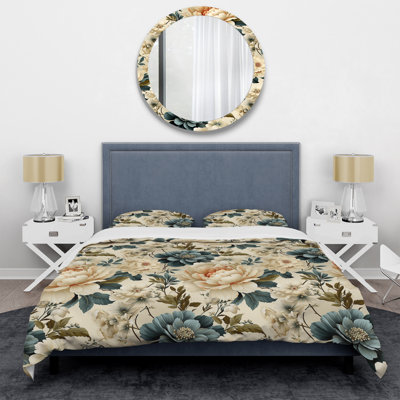 Blue Beige Vintage Chic Flower Pattern II - Ensemble de housse de couette à motif floral