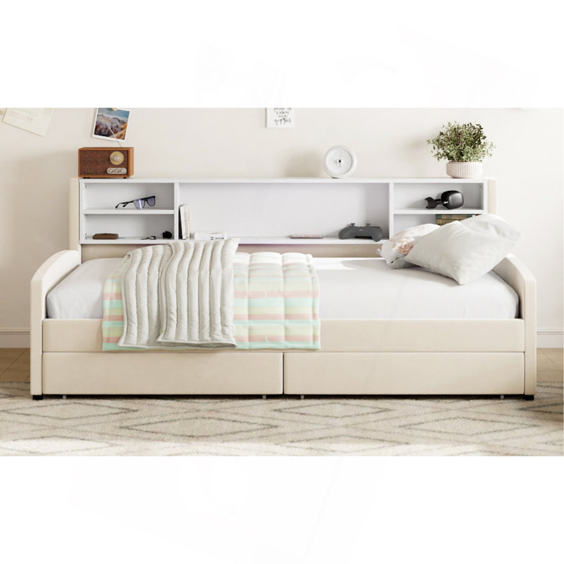 Lit plateforme simple tapissier avec rangement et tiroirs, Beige