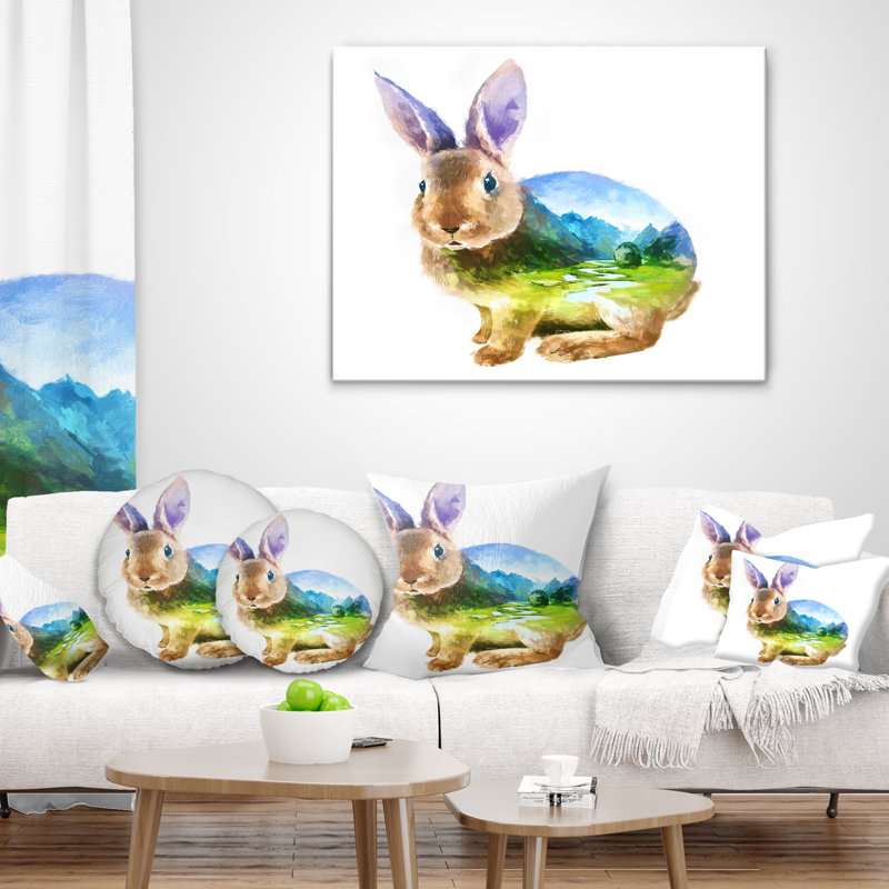 Coussin d’illustration à double exposition animal lapin, Coussin décoratif, 16 po x 1 po
