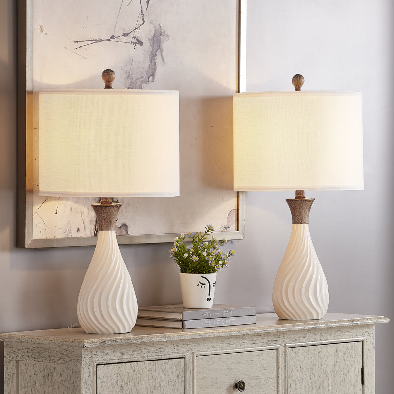 24.5 in. White Modern Dimmable Resin For Bedroom/Living Room Bedside Desk Nightstand Traditional Table Lamp With White Linen Drum Shade