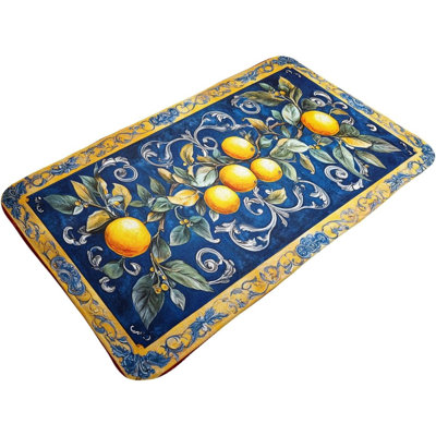 Fruit Rug, Blue Print Background with Lemons, Indoor Living Room Entrance Floor Decorative Doormat, Dust Removal, Non-Slip, Easy to Clean 16x24 Inches Absorbent, Flannel Floormat