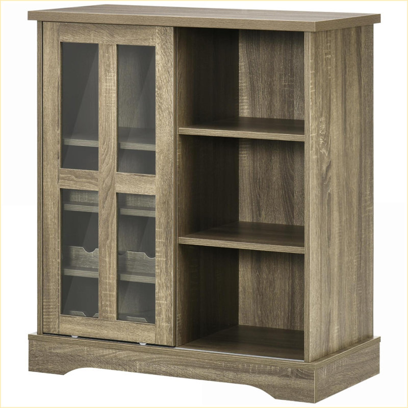 Buffet Buffet, gris moderne H 36 po avec porte coulissante en verre et support à vin de 9 bouteilles | Panneau de particules