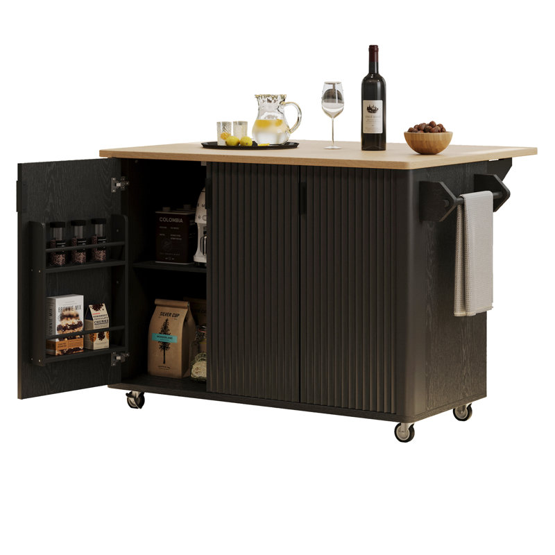 51" Fluted Kitchen Island With Drop Leaf, Farmhouse Accent Kitchen Island On Wheels With Internal Storage Rack, Rolling Kitchen Cart With Towel Rack For Kitchen, Dining Room, Black Ash