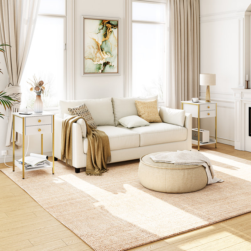 Ballinger Nightstand with Storage and Built-In Outlets, White/Gold