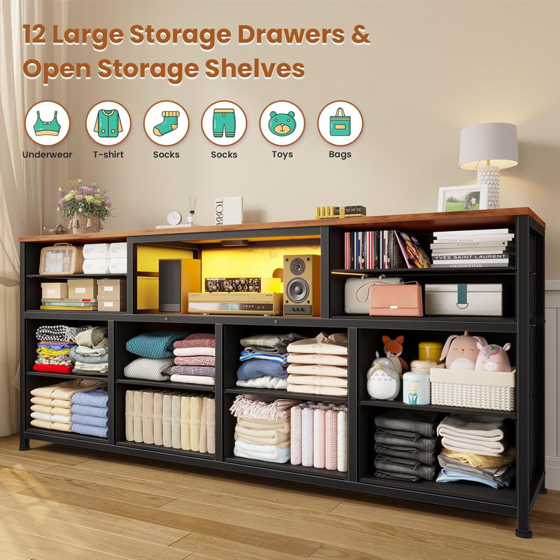 LED TV Stand Dresser for Bedroom, 55 Inch, 12 Drawers