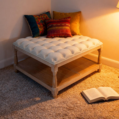 Grande table basse avec repose-pieds carré de 33 pouces pour le salon, repose-pieds capitonné en lin rembourré avec tablette de rangement et pieds solides pour la chambre de bureau ferme (beige)