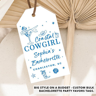 Custom Coastal Cowgirl Favor Tags, White Blue Last Rodeo Beach Bachelorette Hangover Kit, 20 Pack