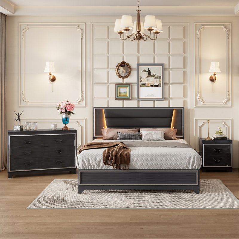 Ensemble de chambre à coucher 3 pièces pour grand lit tapissier avec lumières DEL, tables de chevet et rangement, Noir