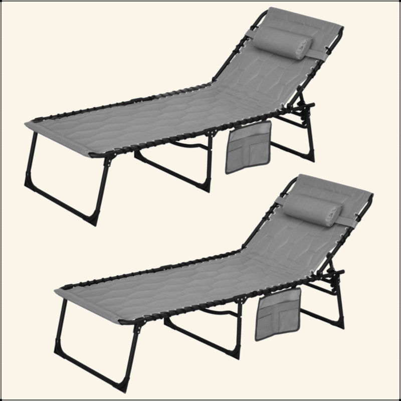 Folding Chaise Lounge Set With 5-Level Reclining Back, Outdoor Lounge Tanning Chair With Padded Seat, Side Pocket & Headrest For Beach, Yard, Patio