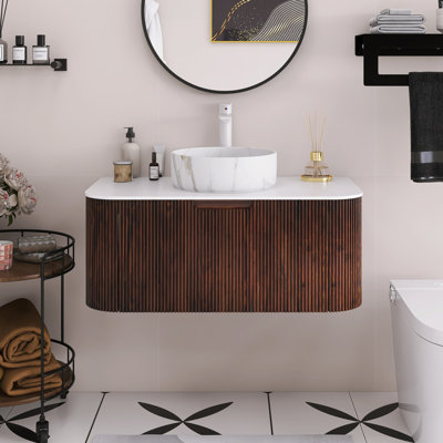 Meuble-lavabo mural de 36 po avec bords arrondis et motif rayÃ©, armoire de rangement avec un tiroir, lavabo rond en cÃ©ramique avec motif pierre